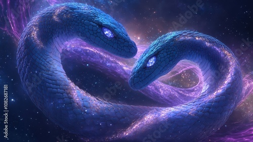 Twin Basilisks in a DNA Spiral of Starlight: Moving Mandalas in Space, Energy Flow Patterns for Kundalini Awakening and Serpent Wisdom. High-Resolution Digital Background.