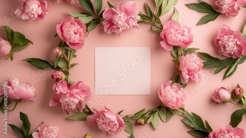 Wallpaper Mural charming valentine's day mockup featuring a delicate wreath of pink peonies surrounding a blank square sheet set against a soft pink backdrop, ideal for heartfelt messages Torontodigital.ca