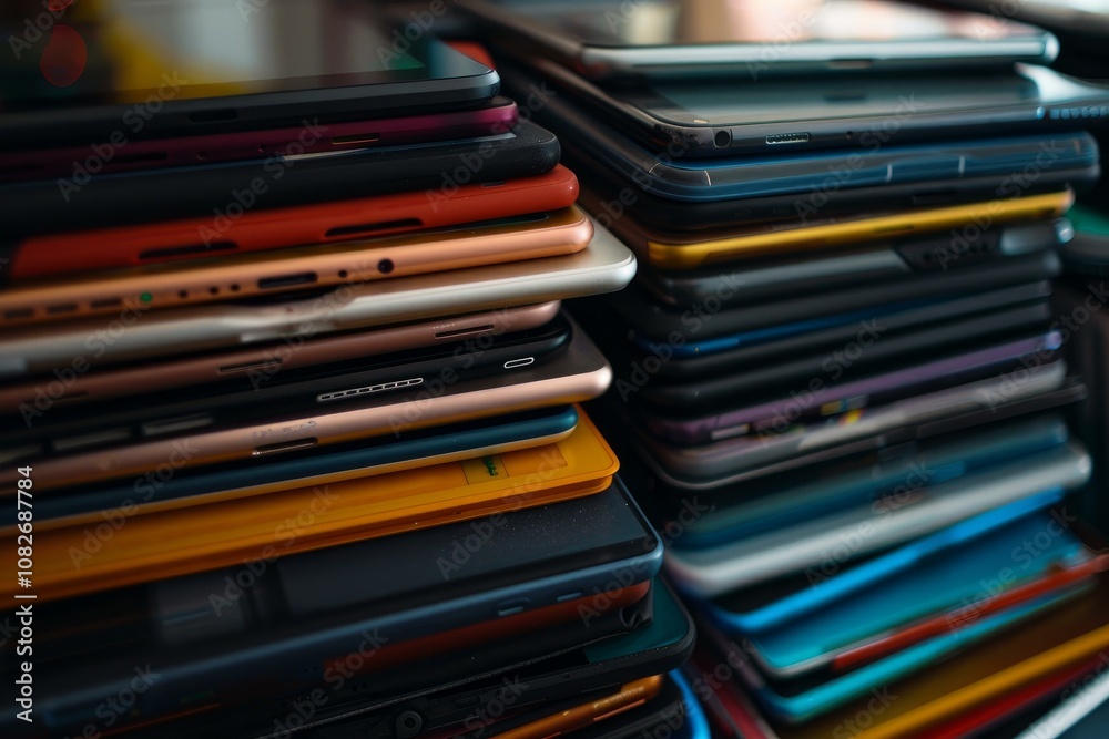 Stack of colorful tablets is laying on a desk, showcasing the evolution and variety of consumer electronics Stack of colorful tablets is laying on a desk, showcasing the evolution and variety of consumer electronics