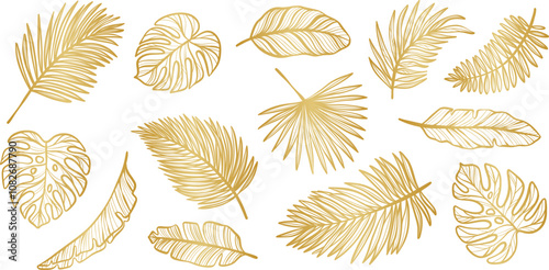 Gold tropical leaves, gradient golden foliage illustration, shining leaf set, isolated