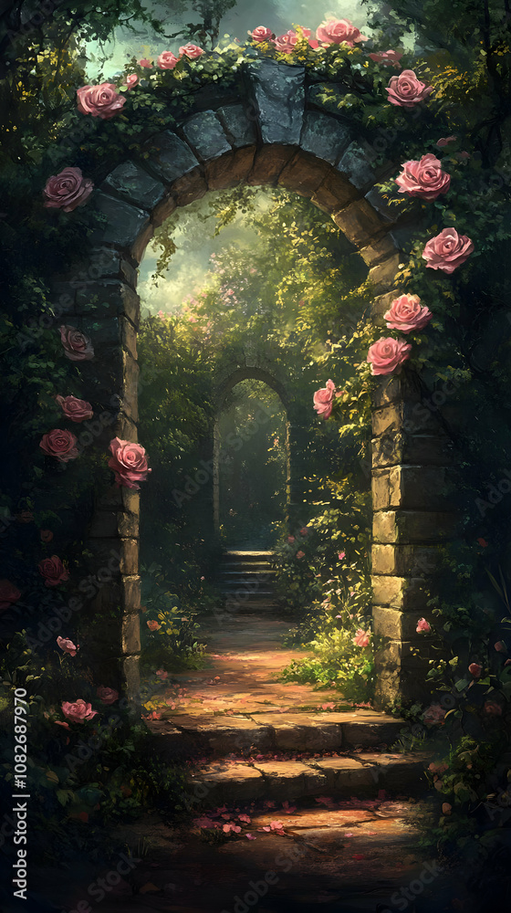 Obraz premium Illustration - Secret Garden Path with Rose Arches