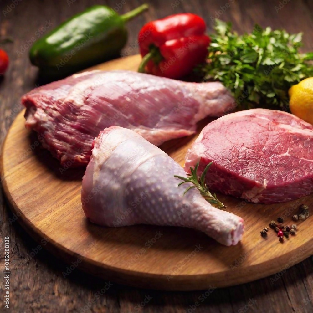 A high-resolution ultrarealistic image, rich in detail and vibrant colors, showcases an assortment of fresh raw meats arranged on a wooden surface. The digital artwork captures various cuts including A high-resolution ultrarealistic image, rich in detail and vibrant colors, showcases an assortment of fresh raw meats arranged on a wooden surface. The digital artwork captures various cuts including