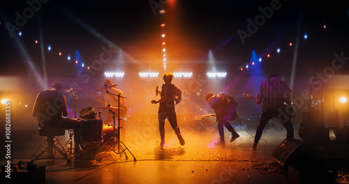 Energetic Rock Band Performing on a Nightclub Stage with Dynamic Lights and Special Effects. Rock Music Artists Creating a Unique Show Experience With Powerful Alternative Music photo