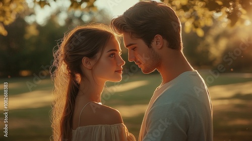 Sunlit Serenade: Intimate First Sight Romance in Cozy Park Setting with Mixed Tones and Focused Eye Contact