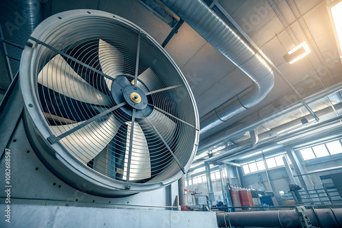 A close-up of a large industrial fan, showcasing its metal blades and machinery in a spacious, well-lit environment.