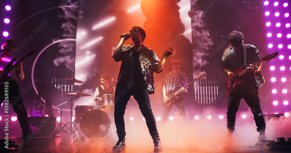 Obraz premium Talented Rock Band Performing a Live Set on an Indoors Stage with Visual Art Display. Young Musicians Playing a Concert at a Festival, Singing Hard Rock Songs at an Indie Event. Zoom On a Lead Singer