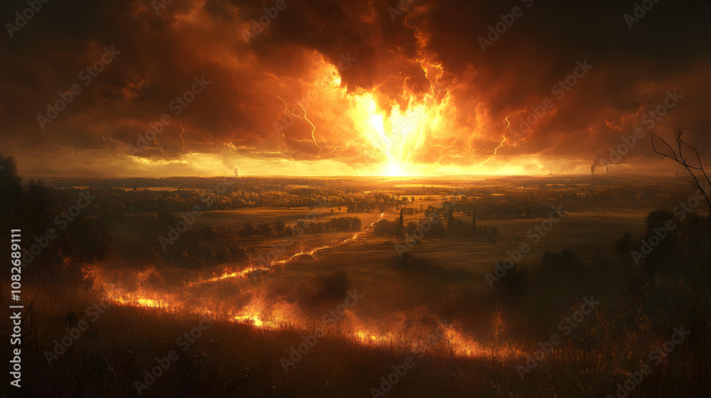 Obraz premium Illustration- Apocalyptic Firestorm over Burning Fields