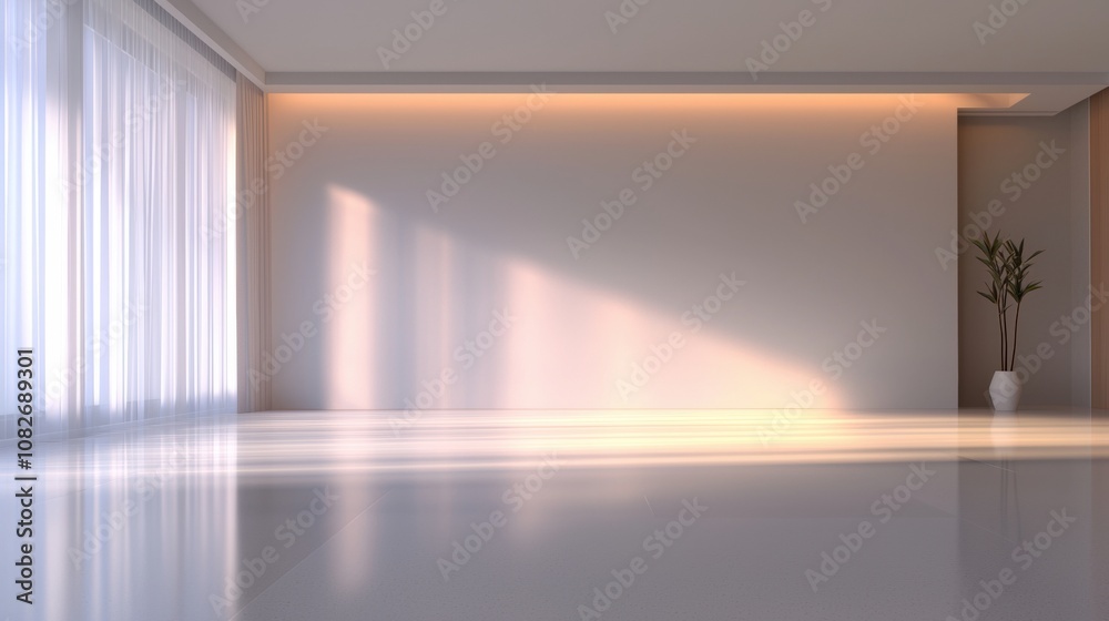 A large, empty room with a white wall and a white curtain A large, empty room with a white wall and a white curtain