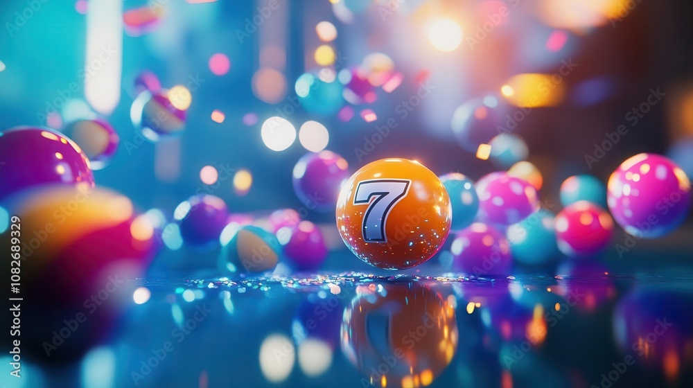 close-up of colorful lottery balls rolling across a sparkling blue surface, with the number 7 prominently highlighted, evoking feelings of luck and excitement in a lively composition close-up of colorful lottery balls rolling across a sparkling blue surface, with the number 7 prominently highlighted, evoking feelings of luck and excitement in a lively composition
