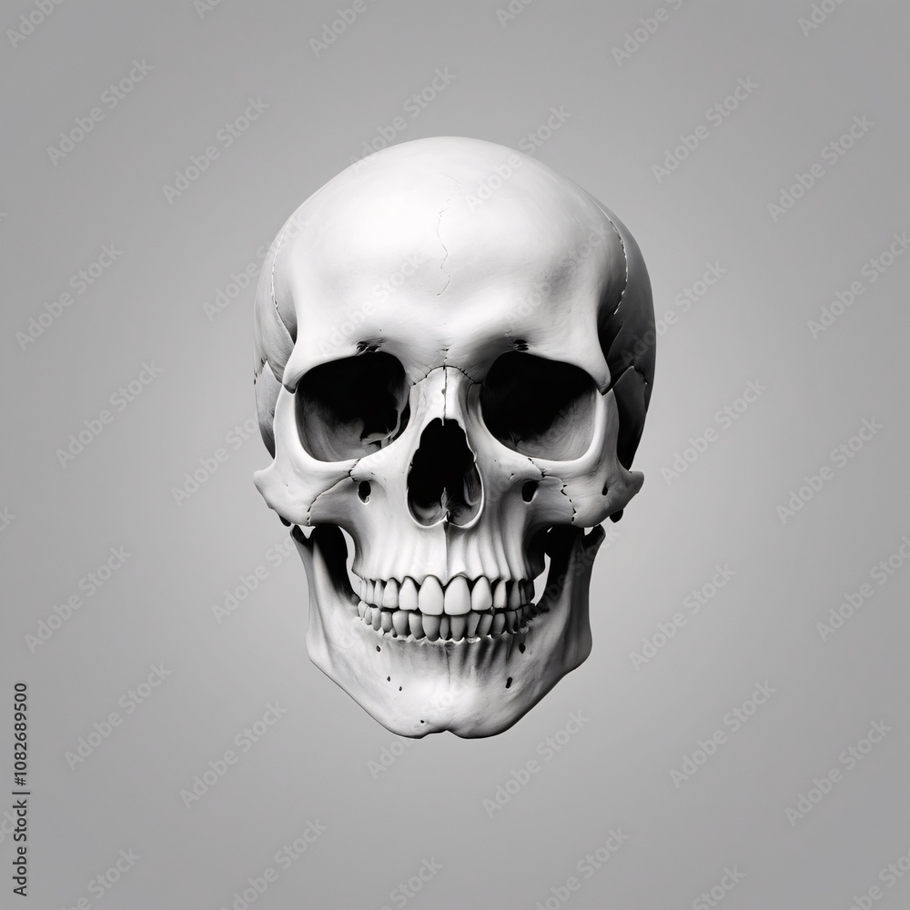 Minimalist Skull Representation: Clean and Detailed Anatomy of a Human Skull in a Symmetrical Composition on a Soft Gray Background for Educational or Artistic Use Minimalist Skull Representation: Clean and Detailed Anatomy of a Human Skull in a Symmetrical Composition on a Soft Gray Background for Educational or Artistic Use