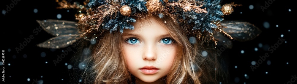 A young girl with striking blue eyes wears a decorative floral crown, set against a dark background that highlights her delicate features and shimmering decoration A young girl with striking blue eyes wears a decorative floral crown, set against a dark background that highlights her delicate features and shimmering decoration