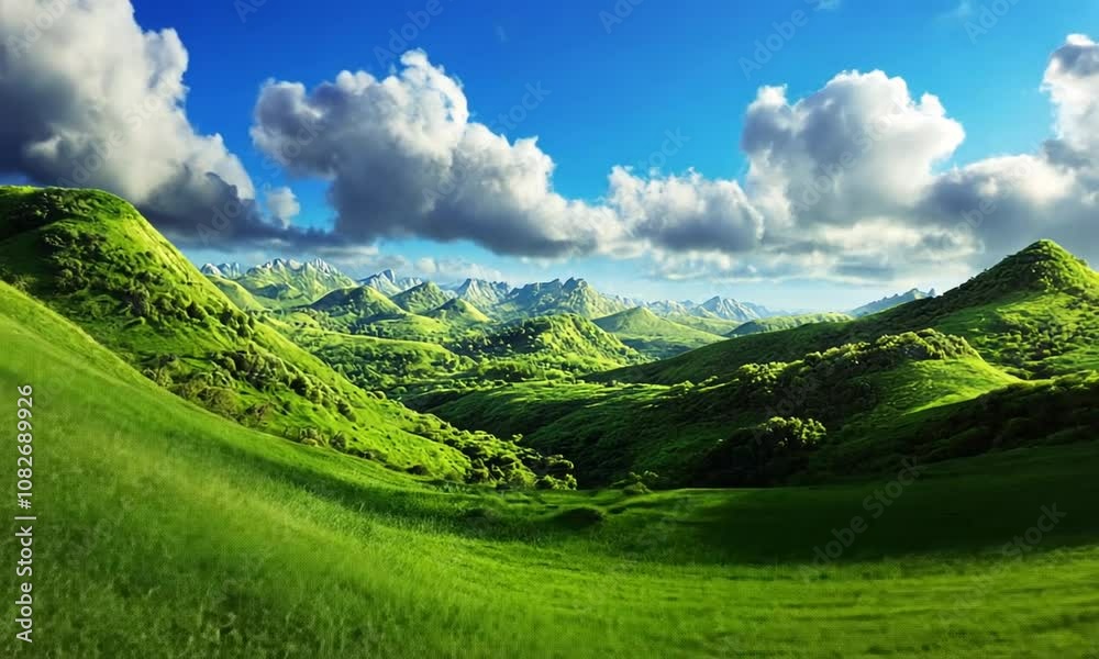 A Breathtaking Panoramic View of Lush Green Hills Surrounded by Majestic Mountains under a Clear Blue Sky Capturing the Essence of Nature's Beauty A Breathtaking Panoramic View of Lush Green Hills Surrounded by Majestic Mountains under a Clear Blue Sky Capturing the Essence of Nature's Beauty