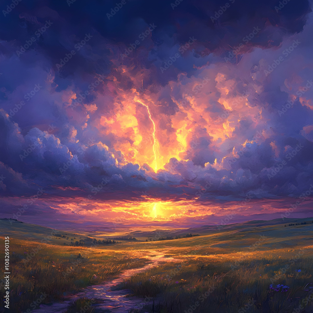 Illustration of Lightning Sunset Meadow Landscape