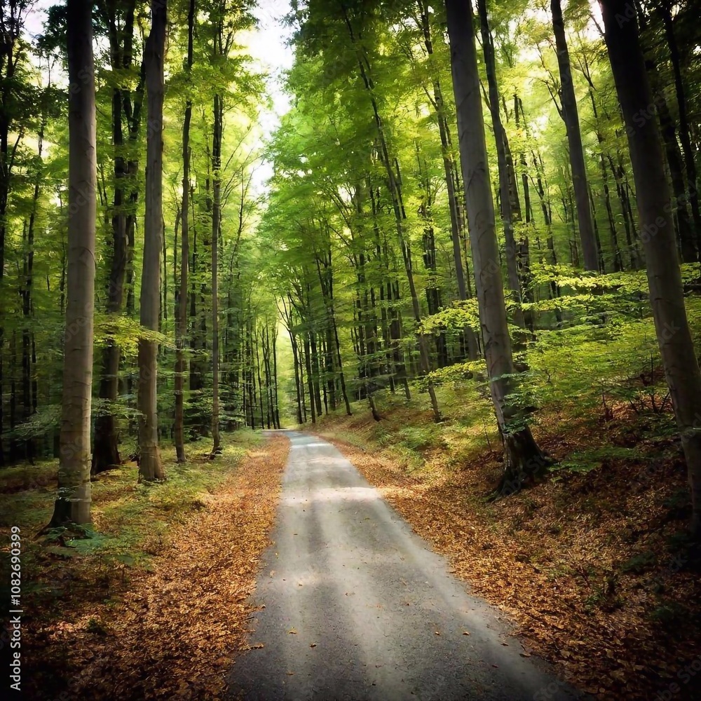 Naklejka premium A high-resolution photograph of a lush forest pathway. This scene captures a serene dirt trail winding through a dense deciduous forest with tall trees covered in vibrant green leaves. Dappled sunligh
