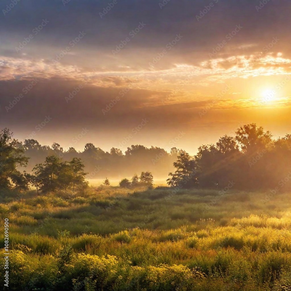 Fototapeta premium A high-resolution ultrarealistic image: Digital artwork of a breathtaking sunrise over a lush meadow. The foreground is rich with dense green foliage and bushes, leading to a sprawling field of tall g