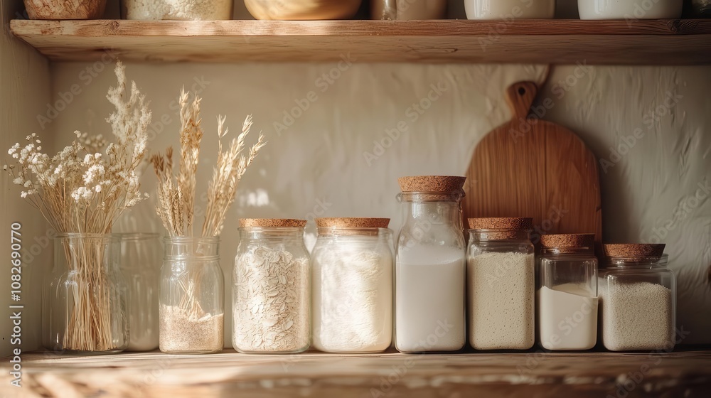 Beautifully arranged jars of grains and ingredients on a rustic kitchen shelf. Beautifully arranged jars of grains and ingredients on a rustic kitchen shelf.