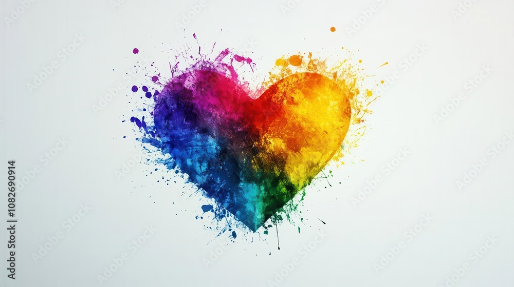 colorful heart made of splashes, symbolizing the lgbtq rainbow, set against a clean white background, celebrating love, diversity, and inclusivity in a vibrant and artistic way