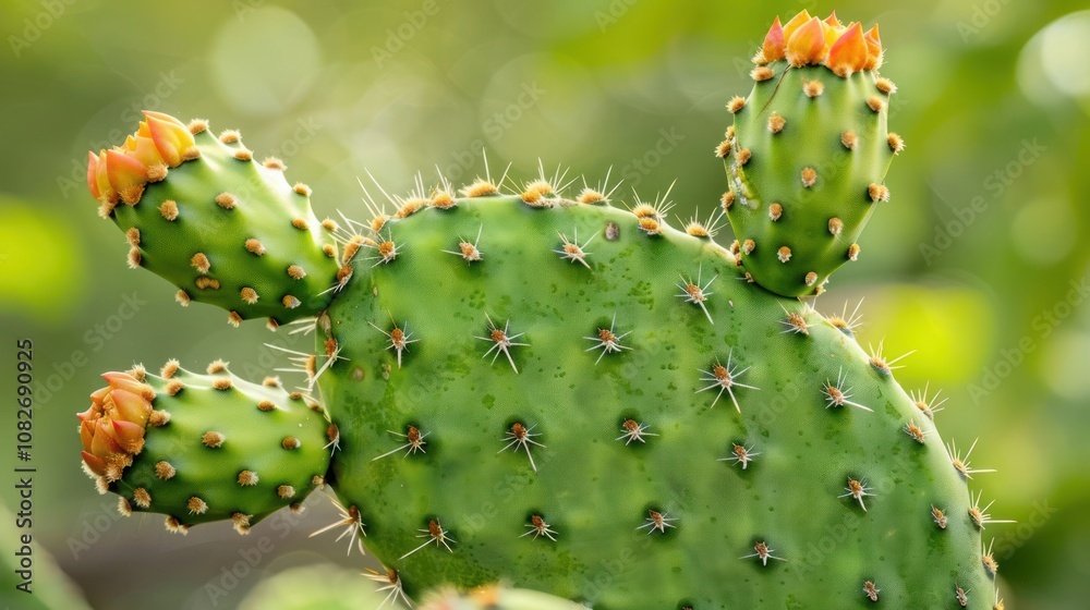 Close-up of a prickly pear cactus with buds. Close-up of a prickly pear cactus with buds.