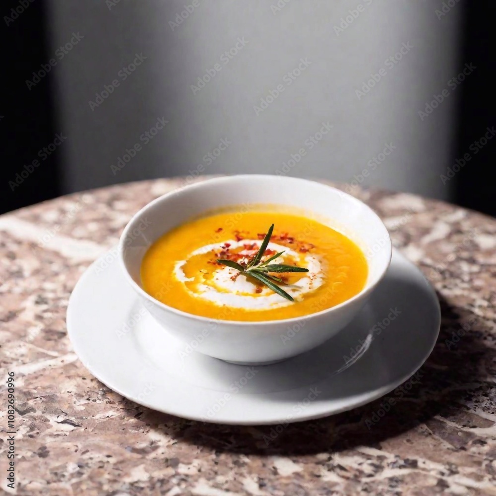 A high-resolution ultrarealistic photo of a creamy pumpkin soup in a pristine white bowl, sitting atop a white saucer. The soup's rich, golden-orange hue is contrasted by a delicate garnish of green r A high-resolution ultrarealistic photo of a creamy pumpkin soup in a pristine white bowl, sitting atop a white saucer. The soup's rich, golden-orange hue is contrasted by a delicate garnish of green r