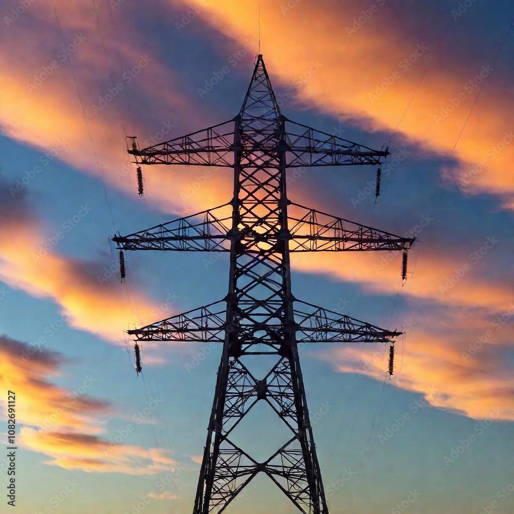 A high-resolution ultrarealistic digital artwork depicts a towering electrical pylon set against a dramatic, vividly colored sky during sunset. The metallic structure of the pylon is intricately detai A high-resolution ultrarealistic digital artwork depicts a towering electrical pylon set against a dramatic, vividly colored sky during sunset. The metallic structure of the pylon is intricately detai