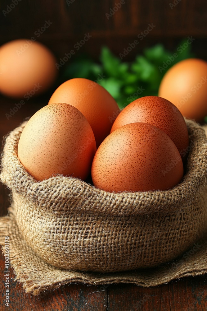 Farm Fresh Brown Eggs in a Rustic Woven Basket, Perfect for Baking Recipes and Culinary Backgrounds. Farm Fresh Brown Eggs in a Rustic Woven Basket, Perfect for Baking Recipes and Culinary Backgrounds.