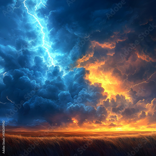 Illustration of Lightning Storm over Golden Field at Sunset