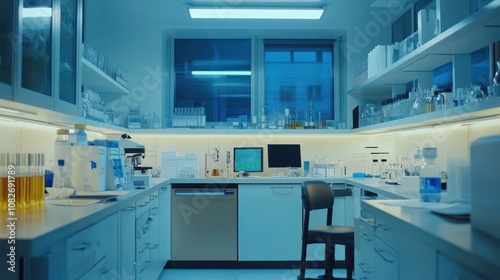 A modern laboratory filled with glassware, equipment, and a computer for scientific research.