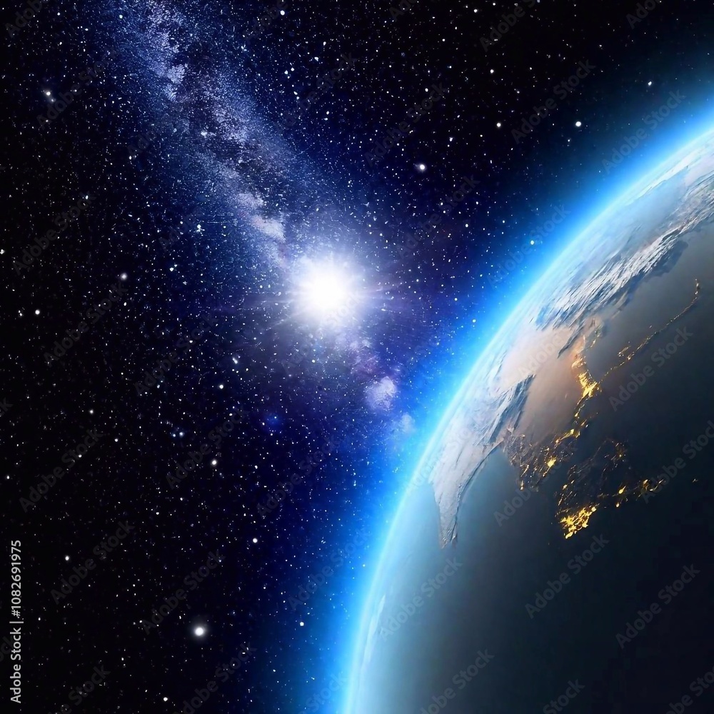 Obraz premium A high-resolution ultrarealistic image of a cosmic sunrise over a planetary horizon, possibly Earth, captured from space. The digital artwork showcases the planet half-illuminated by a radiant, white-