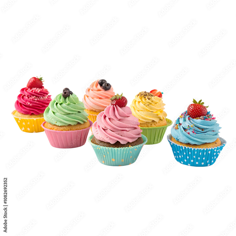 Colorful Cupcakes with Frosting and Berries isolate on transparent background cutout, PNG file, Cutout file