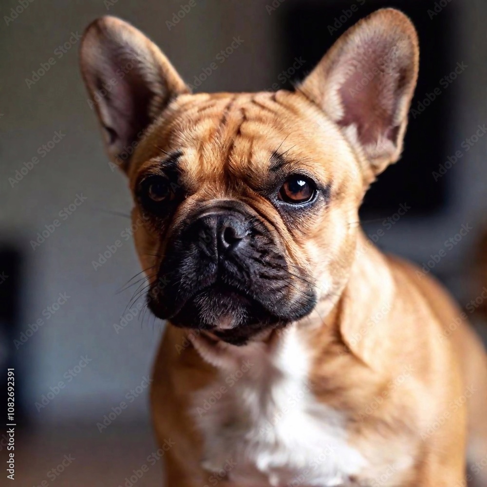 A portrait of a small French bulldog puppy with a wrinkled nose and large, floppy ears, captured in a deep focus close-up, highlighting its unique facial features A portrait of a small French bulldog puppy with a wrinkled nose and large, floppy ears, captured in a deep focus close-up, highlighting its unique facial features