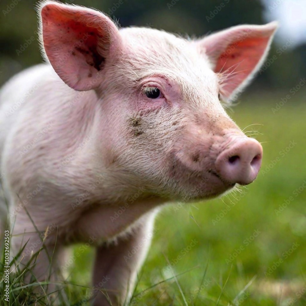 A piglet's snout pressed against the fence, with deep focus highlighting the tiny bristles on its nose, the rough texture of the fence, and the playful twinkle in its eyes A piglet's snout pressed against the fence, with deep focus highlighting the tiny bristles on its nose, the rough texture of the fence, and the playful twinkle in its eyes