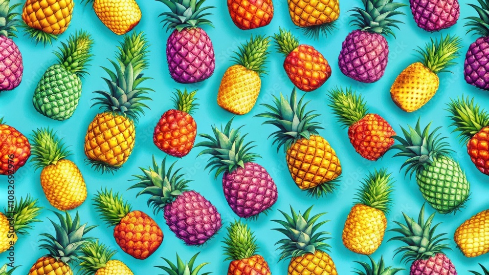 Vibrant retro pineapple pattern with colorful summer elements for seamless background design