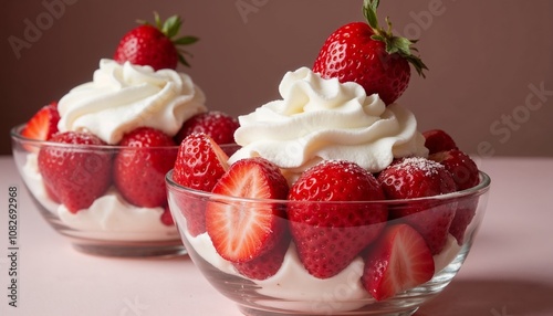 Fresh strawberry dessert with whipped cream in glass bowls