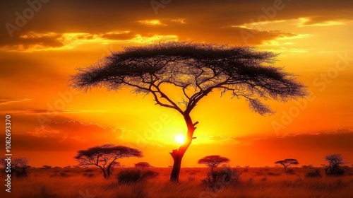 Beautiful landscape photograph lone acacia tree savanna center Sunset on African plains