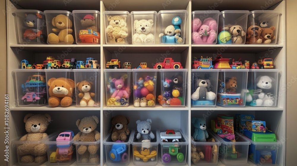 Bookshelf filled multiple plastic bins toys are arranged Transparent containers Bookshelf filled multiple plastic bins toys are arranged Transparent containers