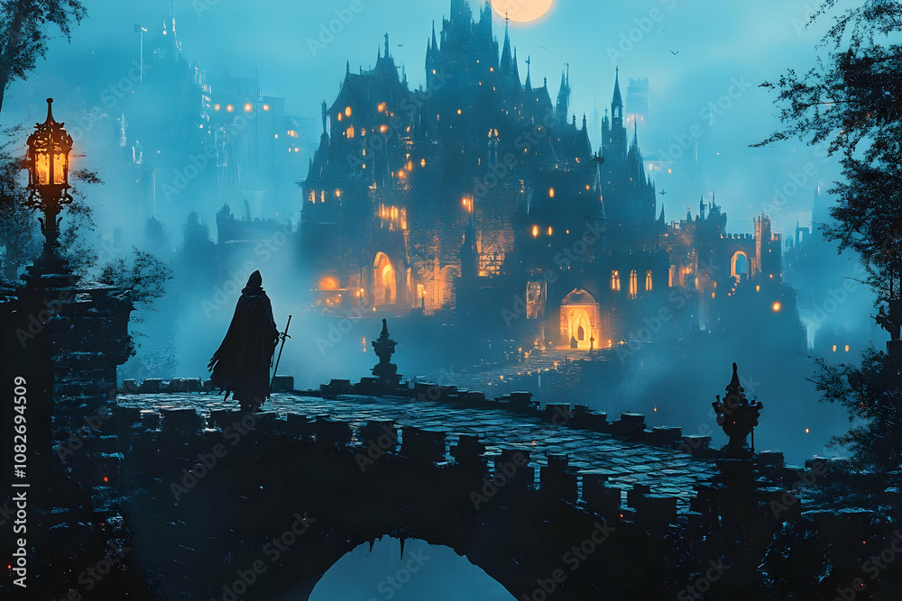 Illustration of Fantasy Castle, Knight, and Moonlit Bridge Illustration of Fantasy Castle, Knight, and Moonlit Bridge
