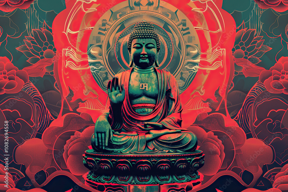 Beautiful greeting card with ancient statue great Buddha to bright holiday composition Beautiful greeting card with ancient statue great Buddha to bright holiday composition