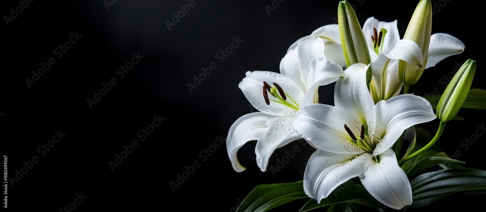 Close-up bunch white lilies black background are full A banner Close-up bunch white lilies black background are full A banner