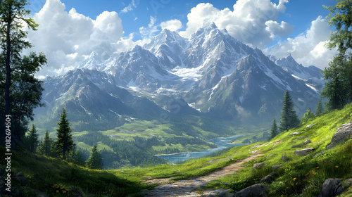 Illustration Majestic Mountain Landscape with River Valley