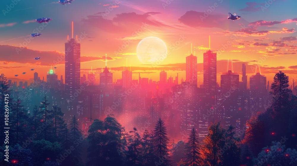 Futuristic city skyline at sunset with flying vehicles and a large moon in the sky. Futuristic city skyline at sunset with flying vehicles and a large moon in the sky.
