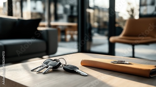 Close-up of house keys and leather wallet on a wooden table in modern living room with sunlight through large windows and soft furnishings.