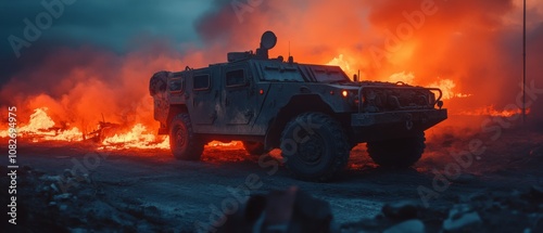 A military vehicle drives through a fiery landscape, casting an intense scene of conflict and resilience.