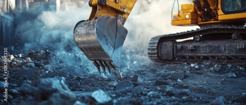 An excavator claw delves into rubble, shrouded in dust, symbolic of transformation and industrial might.