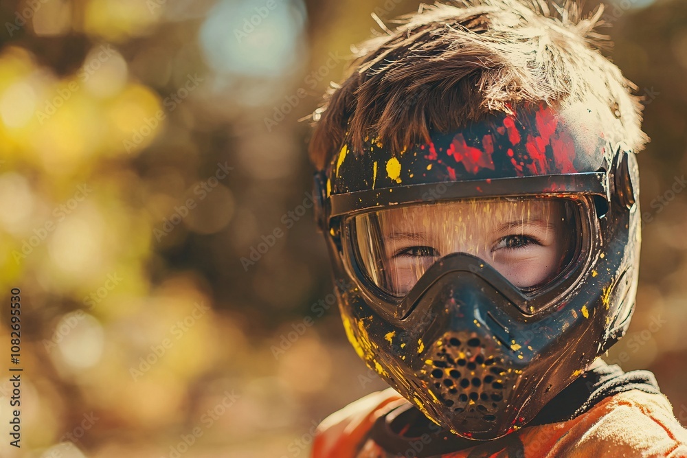 Young boy in paint-streaked mask, smiling as he engages friends in paintball, surrounded by vibrant forest, colorful paint marking birthday celebration, warm daylight 1 Young boy in paint-streaked mask, smiling as he engages friends in paintball, surrounded by vibrant forest, colorful paint marking birthday celebration, warm daylight 1