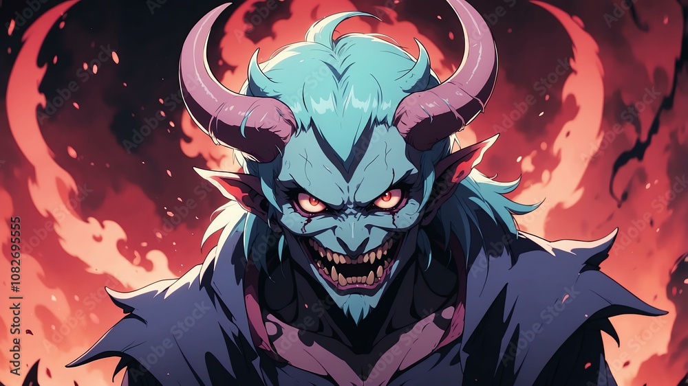 Close-up of a demon on an aesthetic hellish underworld anime background Close-up of a demon on an aesthetic hellish underworld anime background