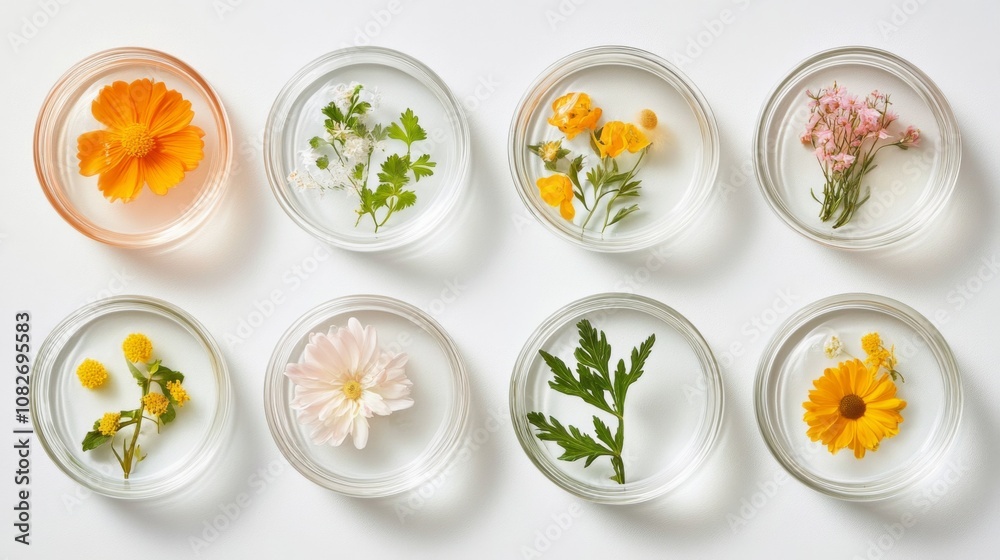 Collection small glass bowls arranged circular pattern white Banner Natural medicine, cosmetic Collection small glass bowls arranged circular pattern white Banner Natural medicine, cosmetic