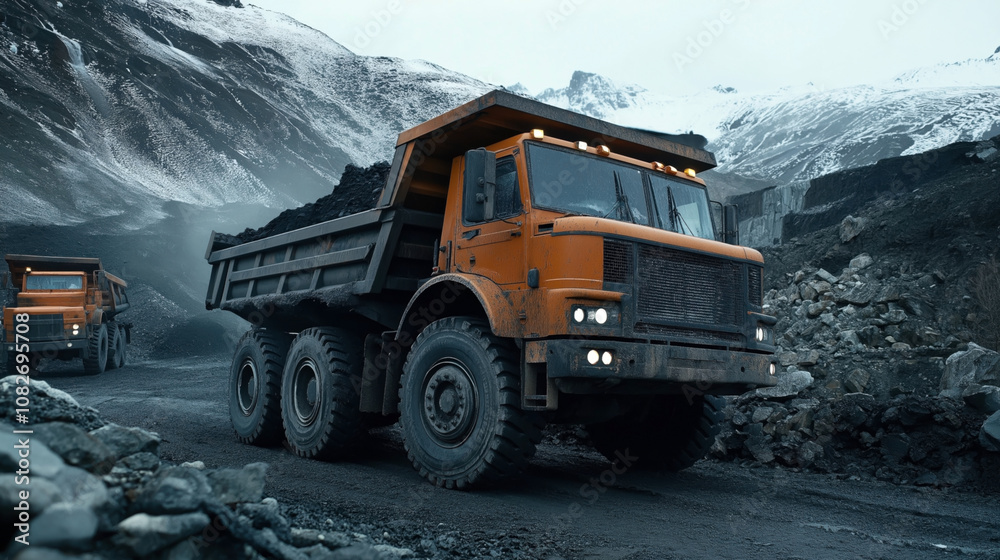 Heavy-duty orange dump trucks transporting black coal in a mountainous quarry. Snow-covered peaks in background contrast with rugged terrain and industrial excavation activities. Heavy-duty orange dump trucks transporting black coal in a mountainous quarry. Snow-covered peaks in background contrast with rugged terrain and industrial excavation activities.