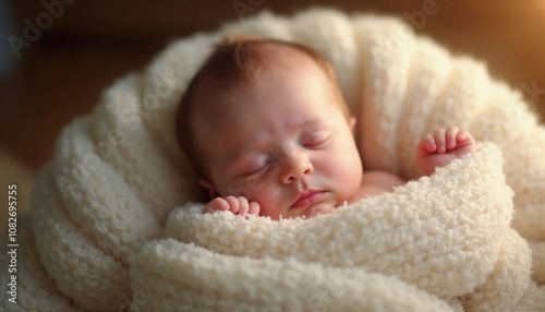  Newborn baby sleeping peacefully in soft warm light.