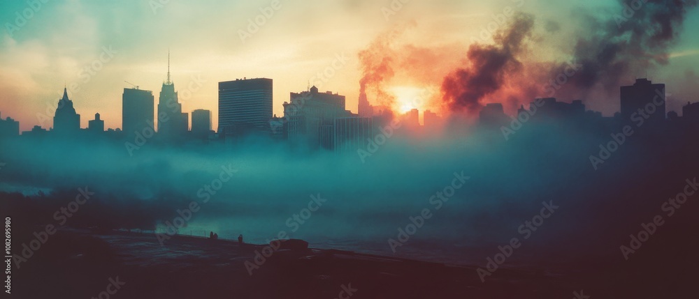 Fototapeta premium The sun sets behind a smoky urban skyline, blending fiery hues with cool mist to create a dramatic cityscape.