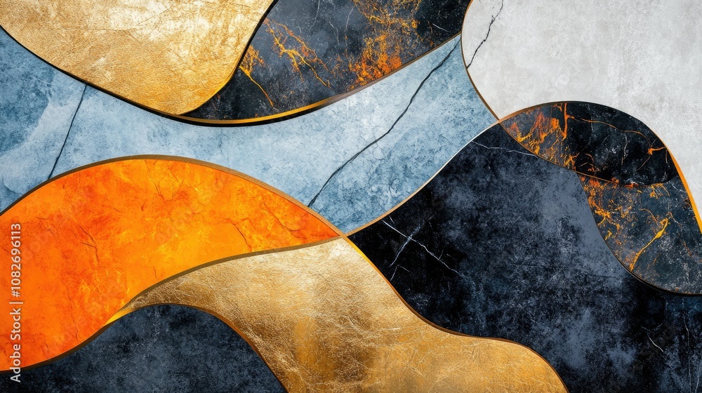 Abstract Composition of Textured Waves in Blue, Orange, and Gold Tones with Marble Influences for Modern Interior Design Concepts and Artistic Prints Abstract Composition of Textured Waves in Blue, Orange, and Gold Tones with Marble Influences for Modern Interior Design Concepts and Artistic Prints